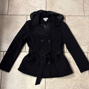 Like New, size large, Juniors Celebrity Pink Black Coat with Belt/Hood/Collar